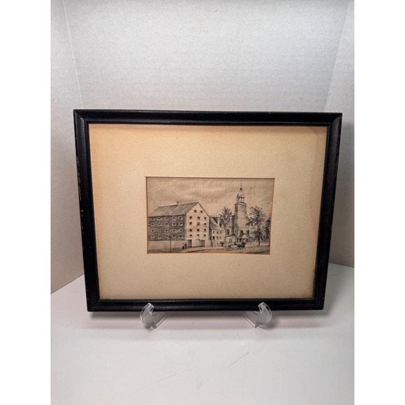 Vintage Lancaster County Framed Town Scene Print Black and White Architecture - Picture 1 of 6